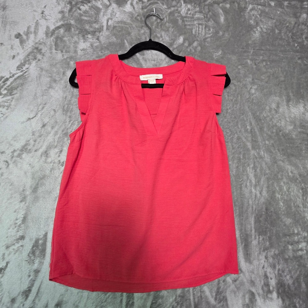 Monteau Los Angeles Coral Pink Ruffle Cap Sleeve Split V-Neck Blouse Small